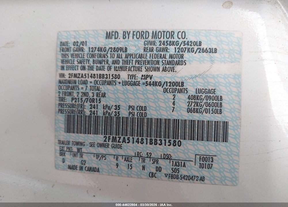 2001 FORD WINDSTAR LX VIN: 2FMZA51481BB31580