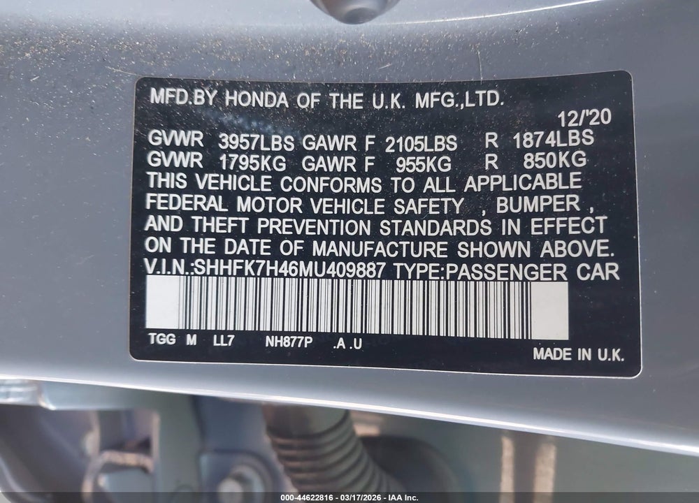 2021 HONDA CIVIC SPORT VIN: SHHFK7H46MU409887