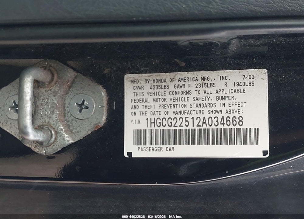 2002 HONDA ACCORD 3.0 EX VIN: 1HGCG22512A034668