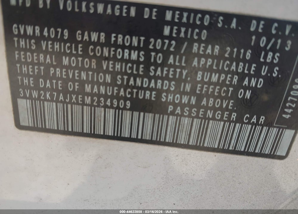 2014 VOLKSWAGEN JETTA 2.0L S VIN: 3VW2K7AJXEM234909