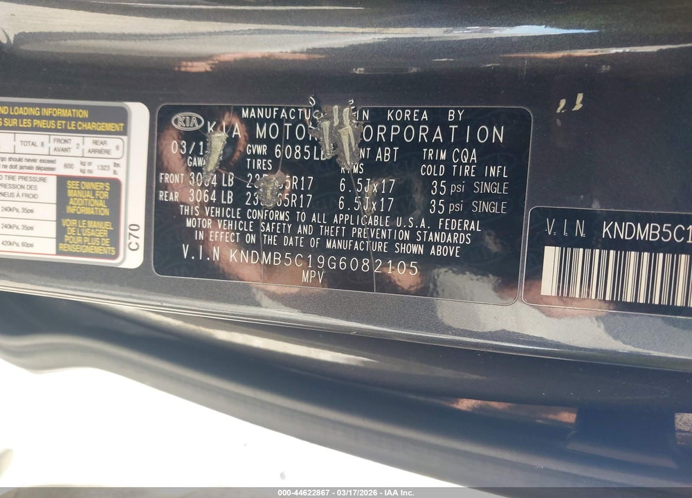 2016 KIA SEDONA LX VIN: KNDMB5C19G6082105