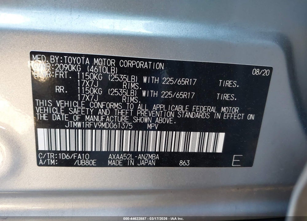 2021 TOYOTA RAV4 XLE VIN: JTMW1RFV9MD061375
