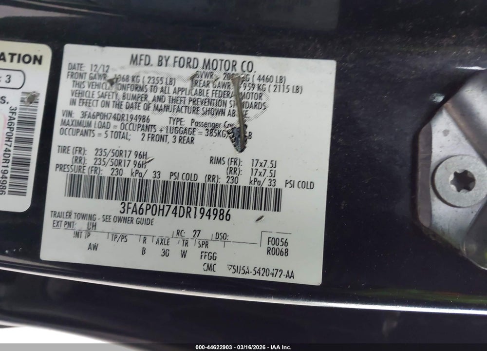 2013 FORD FUSION SE VIN: 3FA6P0H74DR194986