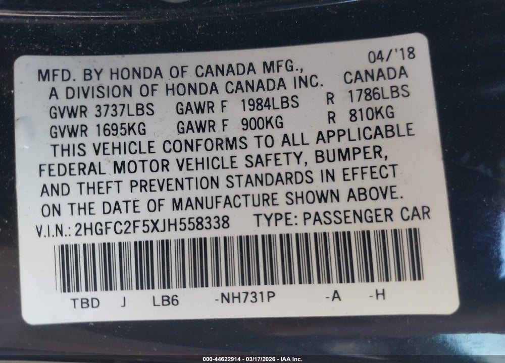2018 HONDA CIVIC LX VIN: 2HGFC2F5XJH558338