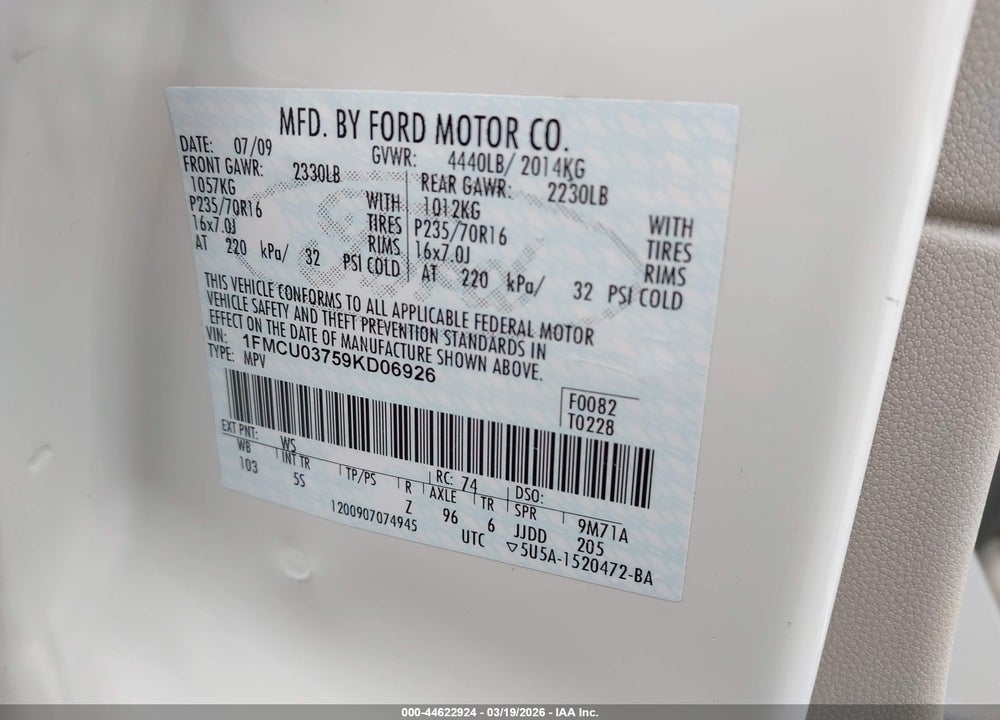 2009 FORD ESCAPE XLT VIN: 1FMCU03759KD06926