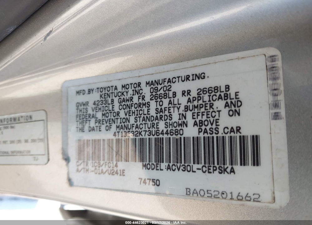 2003 TOYOTA CAMRY SE VIN: 4T1BE32K73U644680