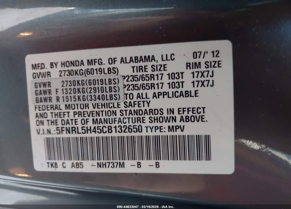 2012 HONDA ODYSSEY EX VIN: 5FNRL5H45CB132650