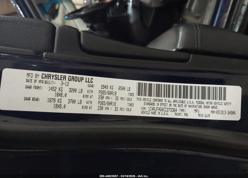 2012 JEEP GRAND CHEROKEE LAREDO VIN: 1C4RJFAG0CC273364