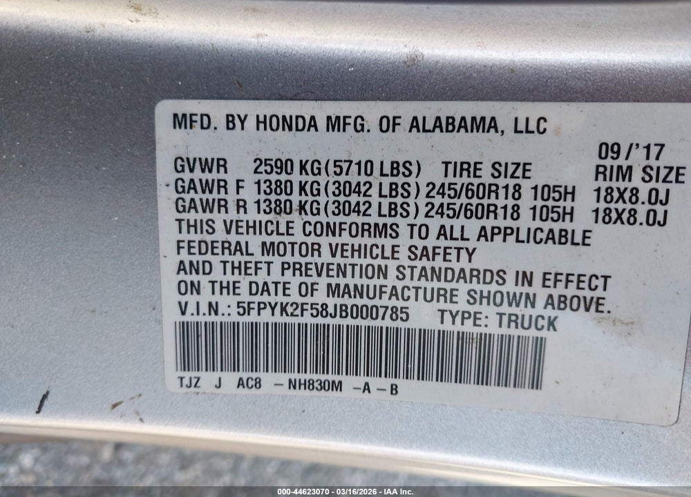 2018 HONDA RIDGELINE RTL VIN: 5FPYK2F58JB000785