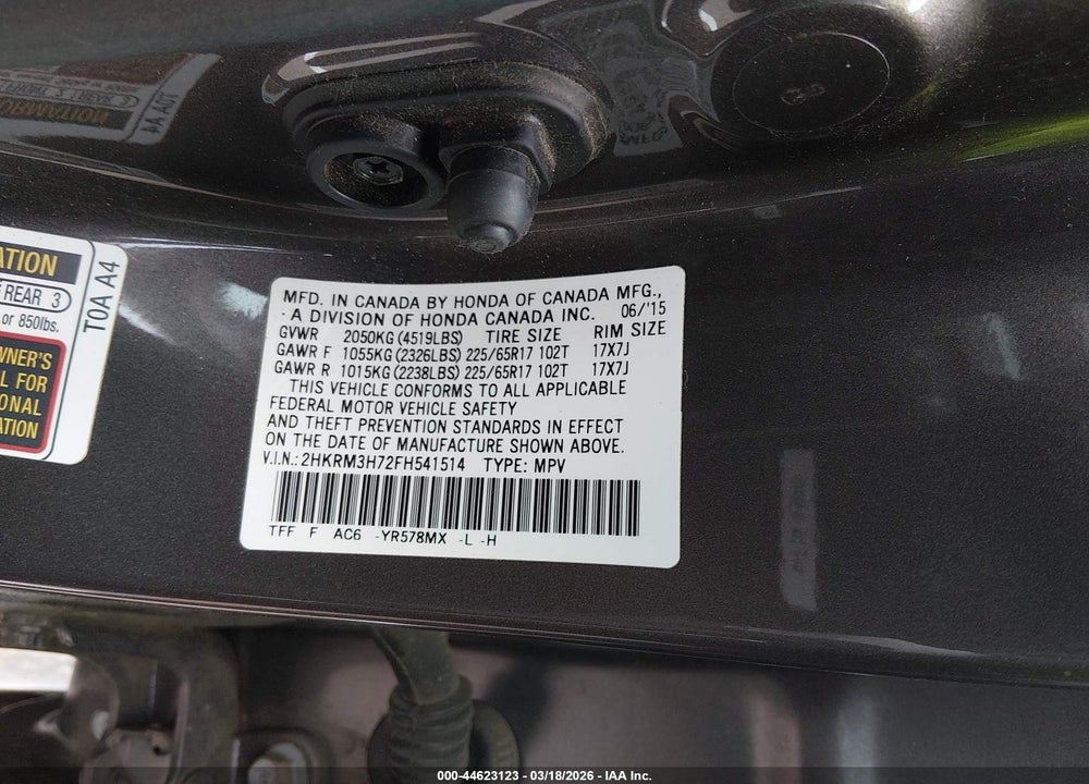 2015 HONDA CR-V EX-L VIN: 2HKRM3H72FH541514