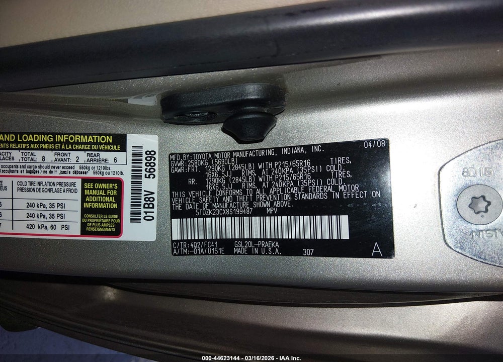 2008 TOYOTA SIENNA LE VIN: 5TDZK23CX8S199487