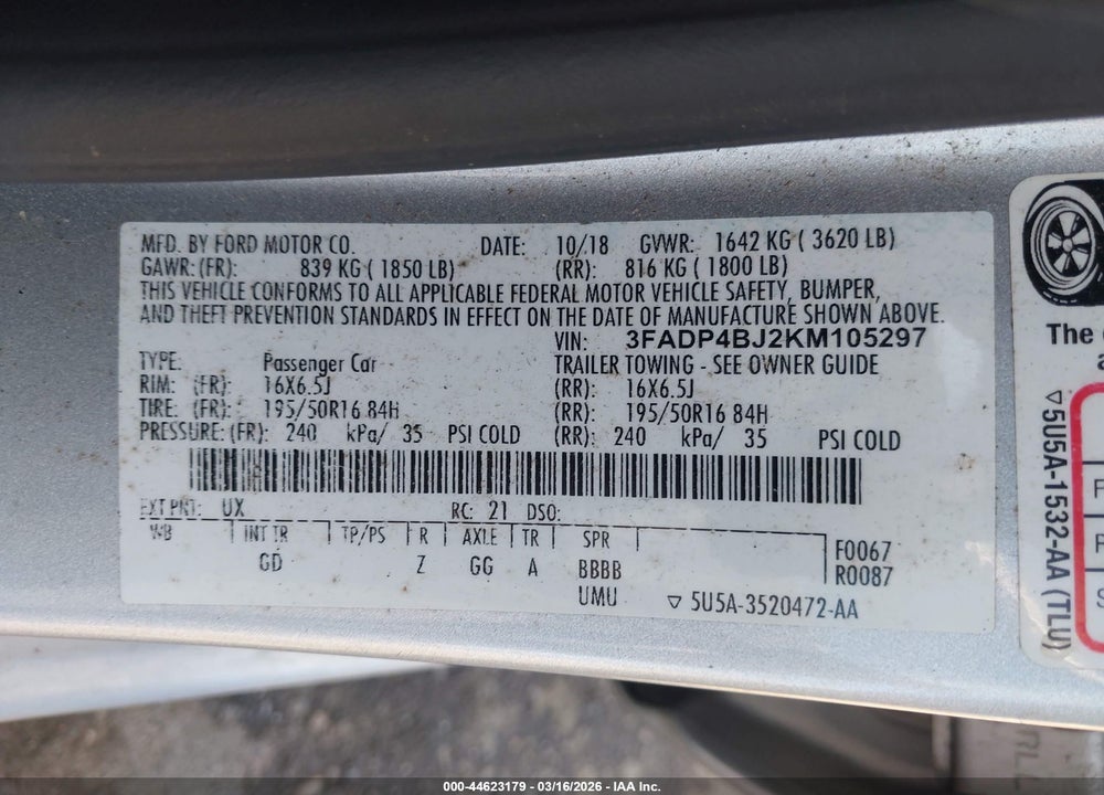 2019 FORD FIESTA SE VIN: 3FADP4BJ2KM105297