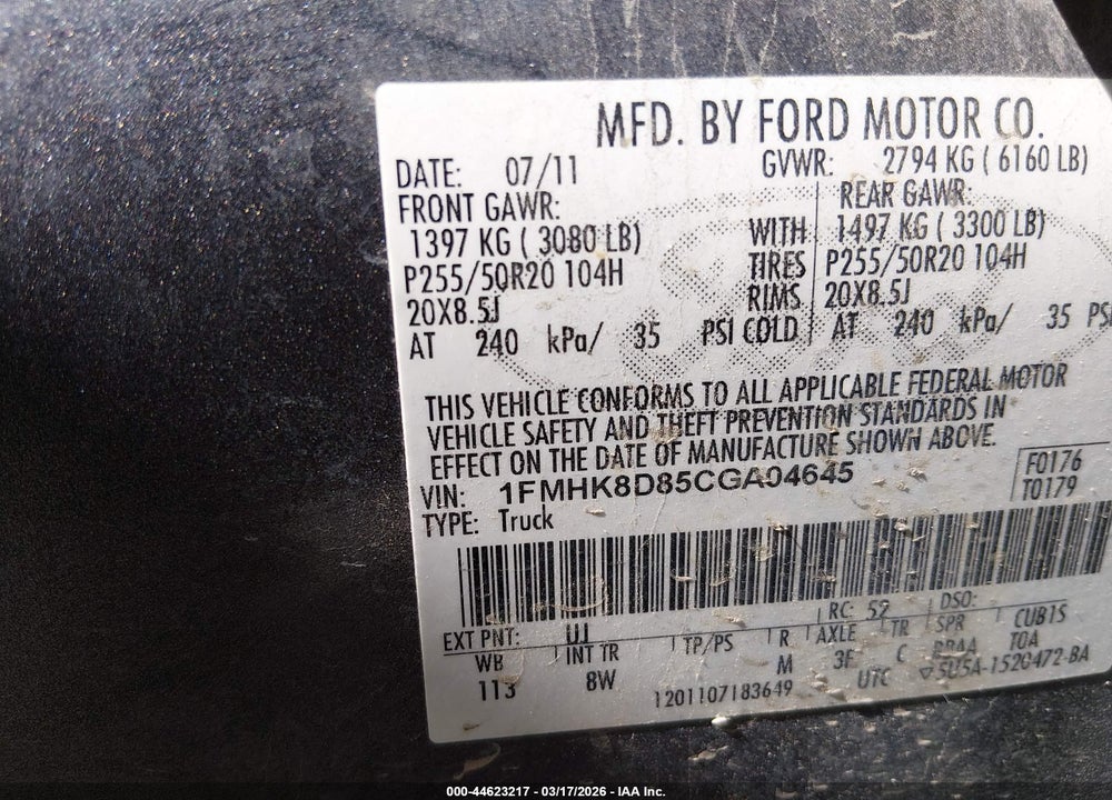 2012 FORD EXPLORER XLT VIN: 1FMHK8D85CGA04645