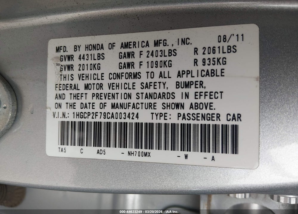 2012 HONDA ACCORD 2.4 EX VIN: 1HGCP2F79CA003424