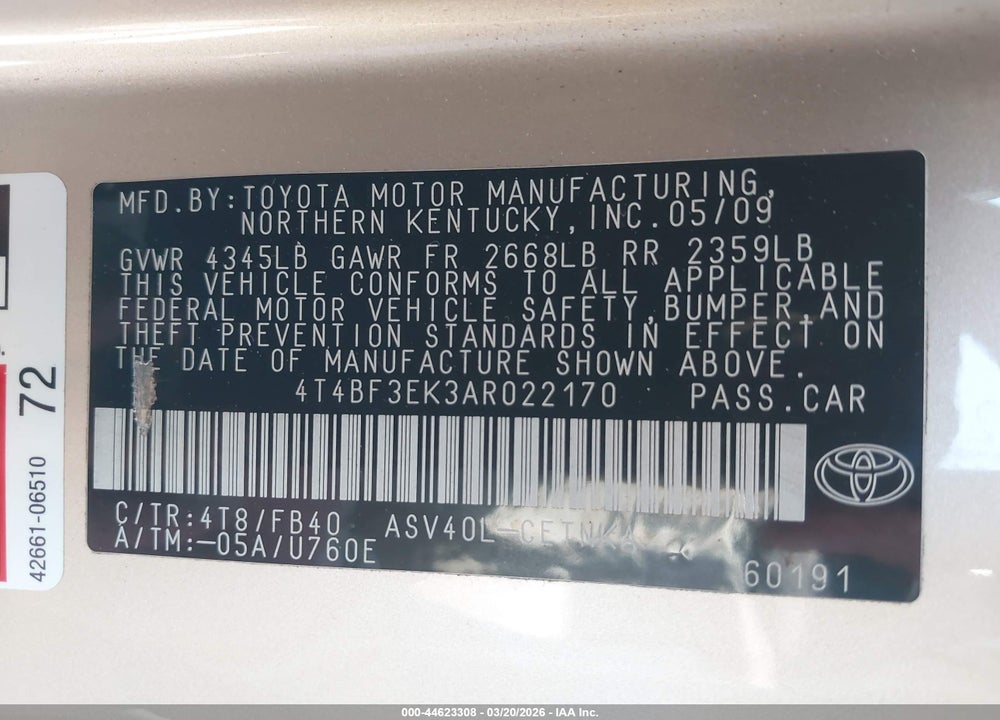2010 TOYOTA CAMRY LE VIN: 4T4BF3EK3AR022170