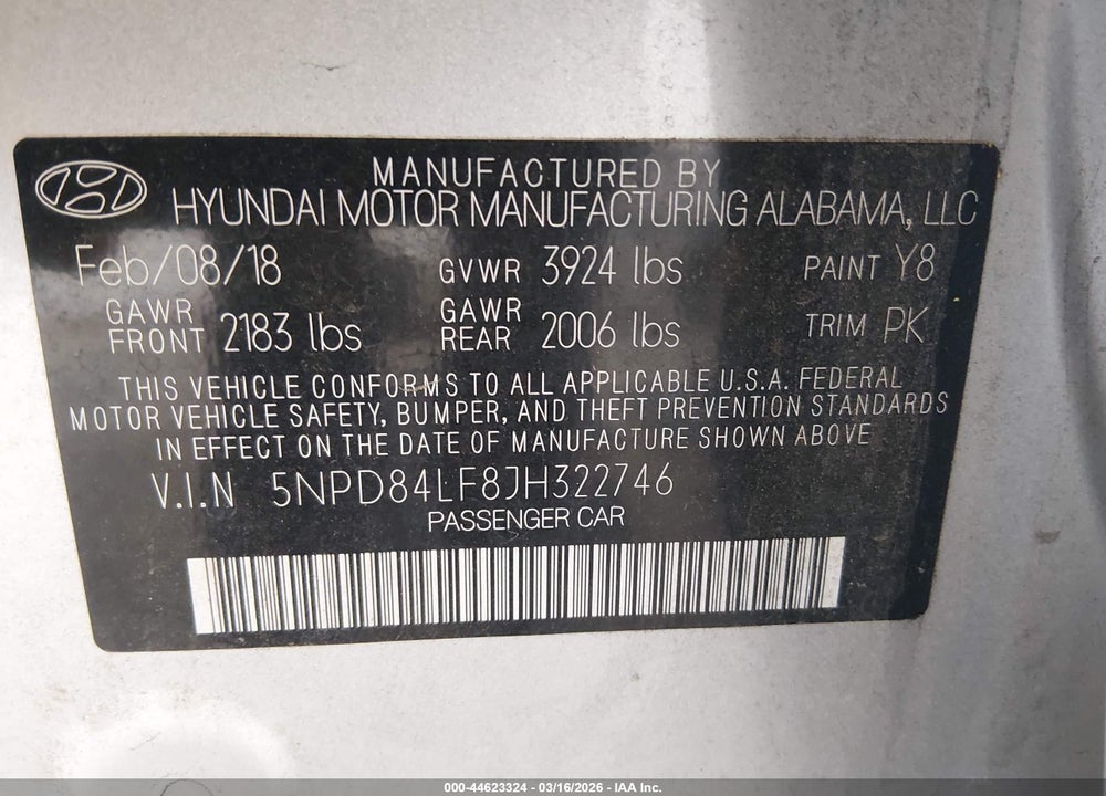 2018 HYUNDAI ELANTRA SEL VIN: 5NPD84LF8JH322746