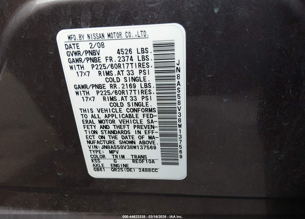 2008 NISSAN ROGUE SL VIN: JN8AS58V38W137569
