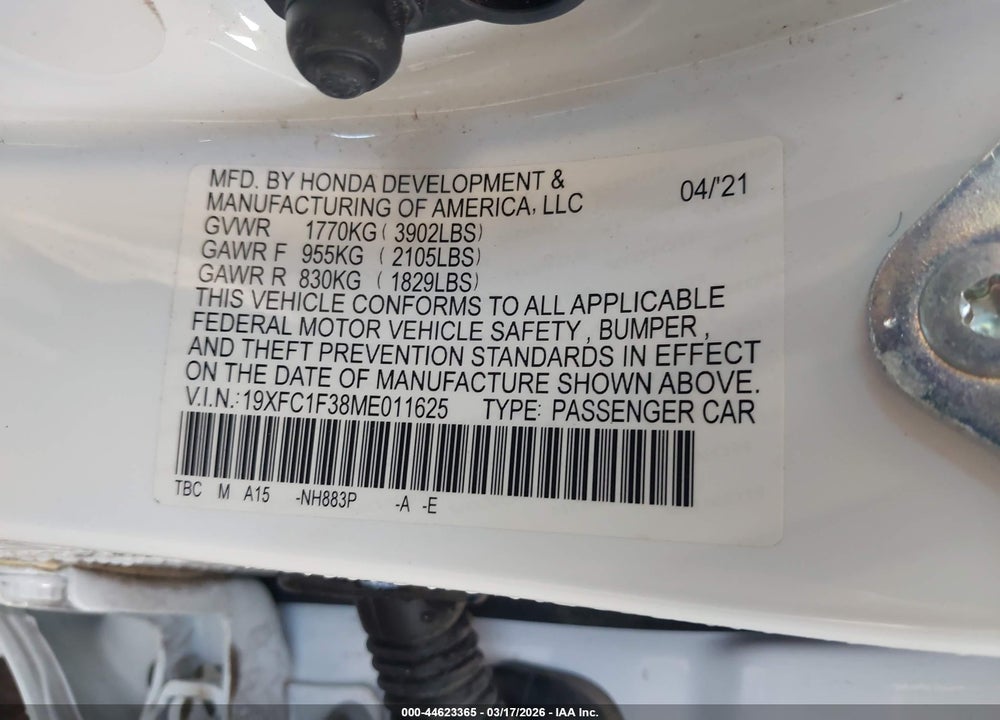 2021 HONDA CIVIC EX VIN: 19XFC1F38ME011625