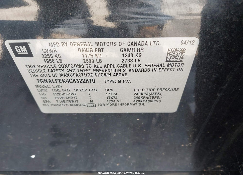 2012 CHEVROLET EQUINOX LTZ VIN: 2GNALFEK4C6322670