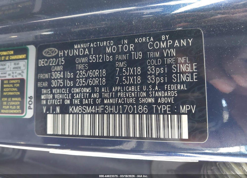 2017 HYUNDAI SANTA FE SE VIN: KM8SM4HF3HU170186