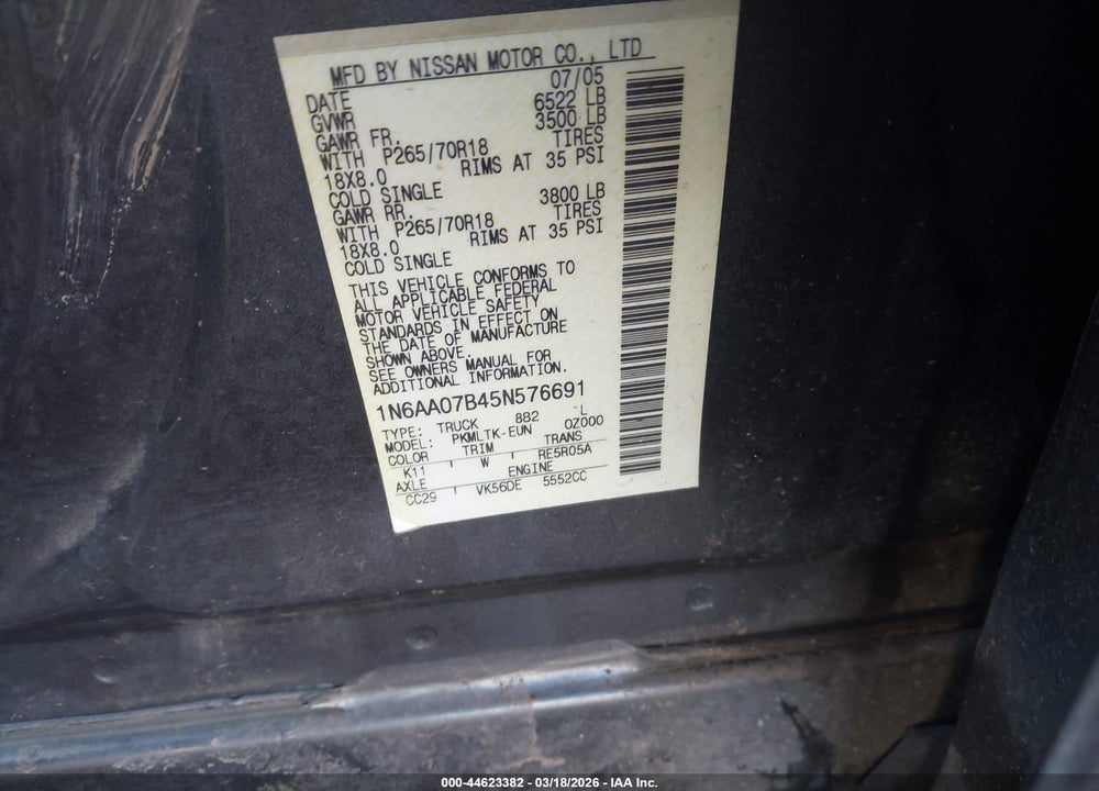 2005 NISSAN TITAN SE VIN: 1N6AA07B45N576691