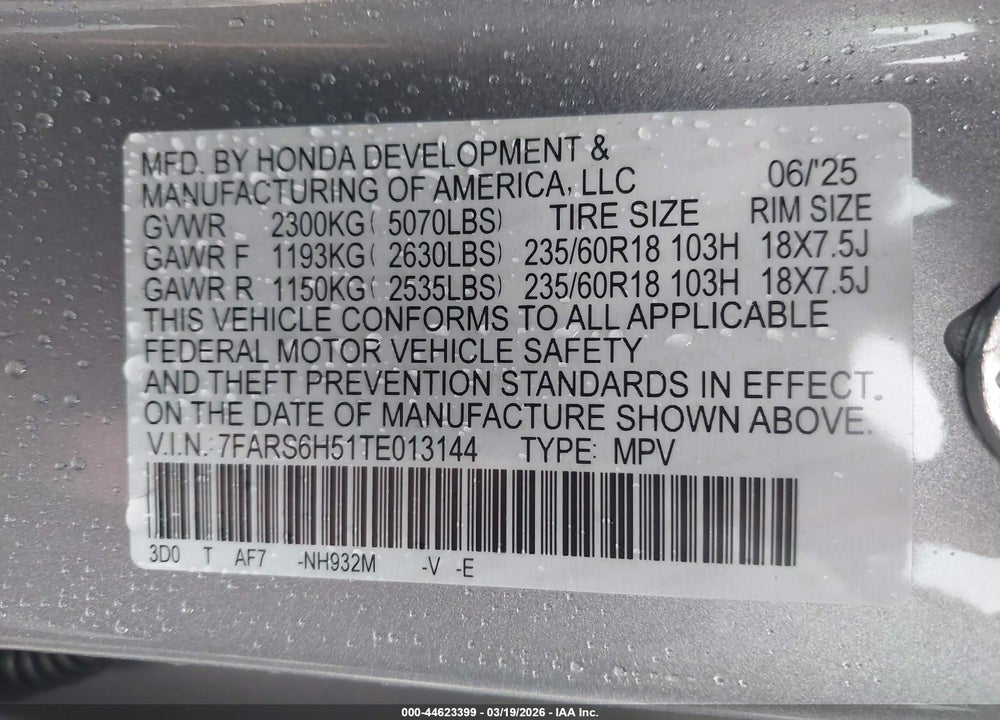 2026 HONDA CR-V HYBRID AWD SPORT VIN: 7FARS6H51TE013144