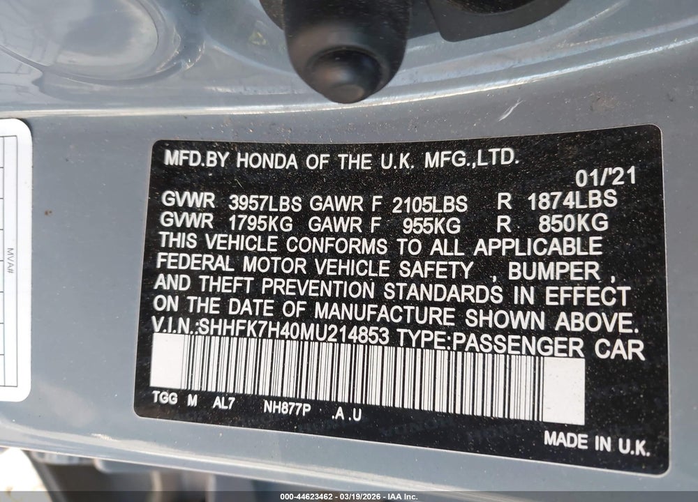 2021 HONDA CIVIC SPORT VIN: SHHFK7H40MU214853