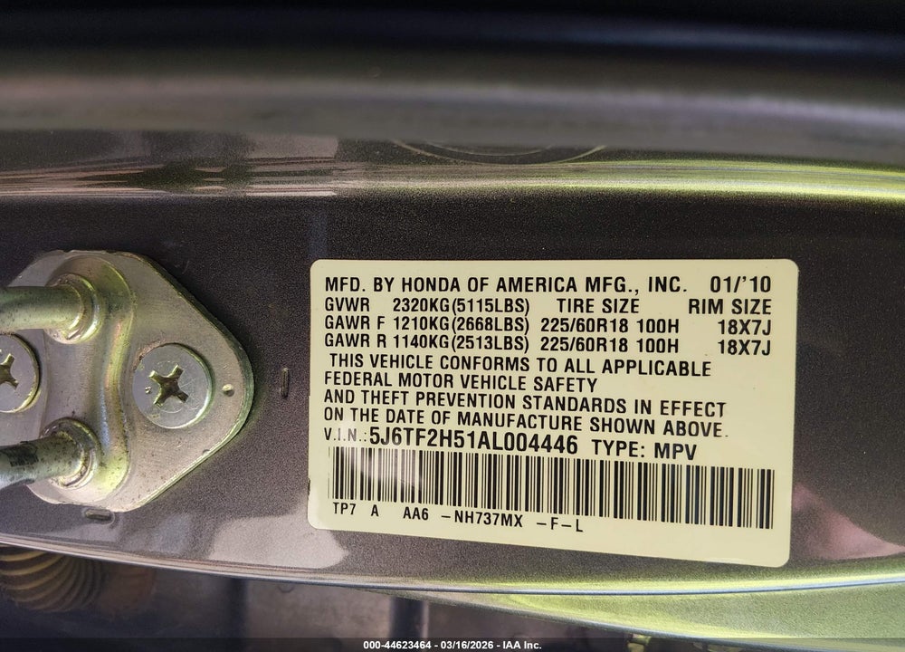 2010 HONDA ACCORD CROSSTOUR EX-L VIN: 5J6TF2H51AL004446