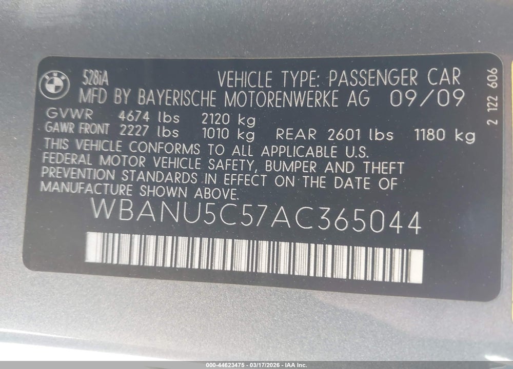 2010 BMW 528I VIN: WBANU5C57AC365044