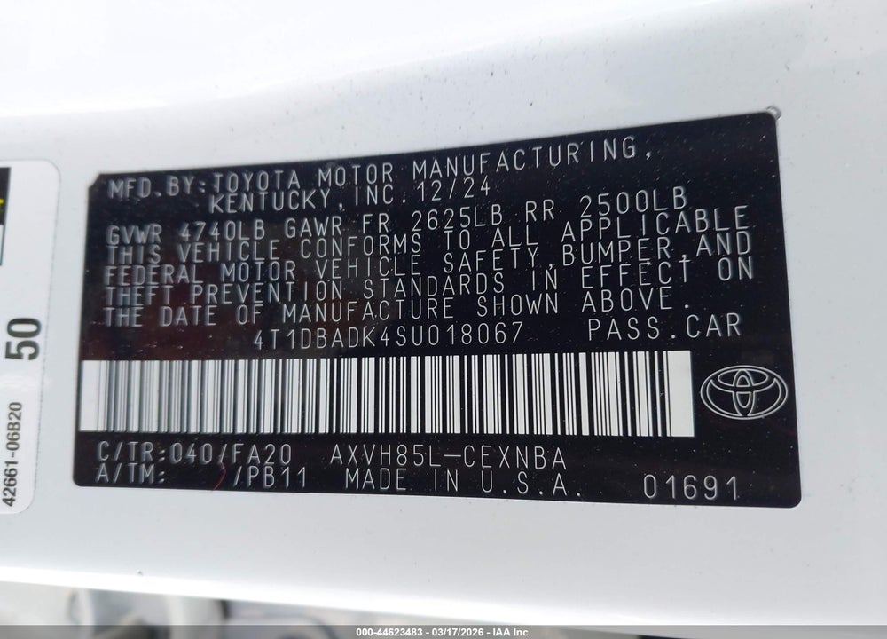 2025 TOYOTA CAMRY LE VIN: 4T1DBADK4SU018067