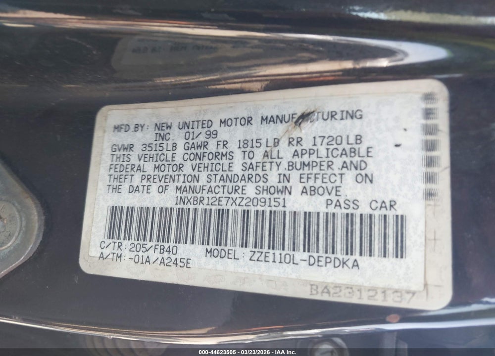 1999 TOYOTA COROLLA CE VIN: 1NXBR12E7XZ209151