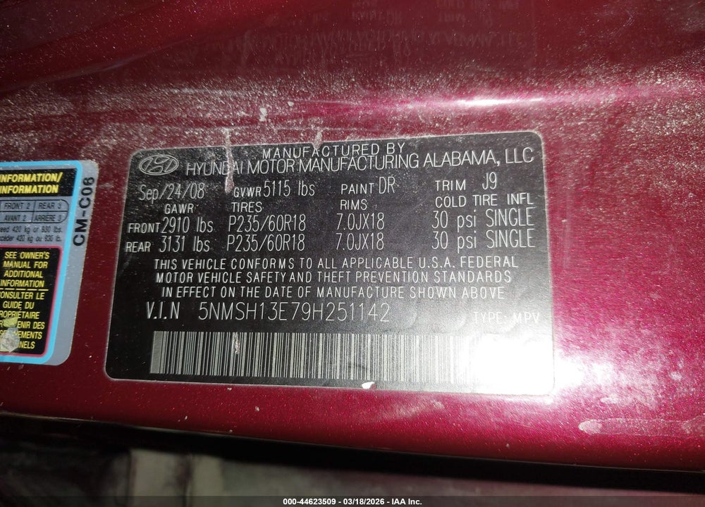 2009 HYUNDAI SANTA FE SE VIN: 5NMSH13E79H251142