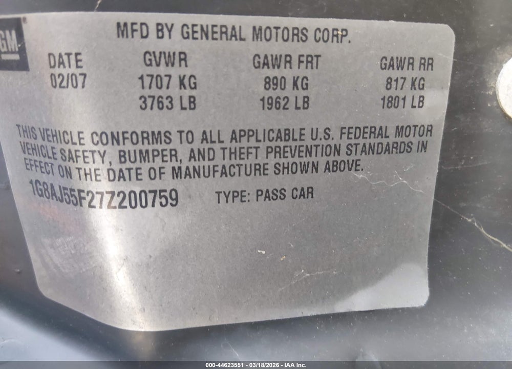 2007 SATURN ION 2 VIN: 1G8AJ55F27Z200759