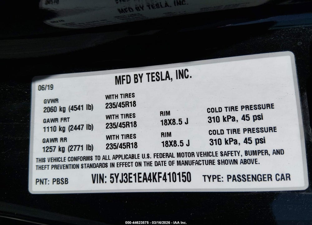 2019 TESLA MODEL 3 LONG RANGE/MID RANGE/STANDARD RANGE/STANDARD RANGE PLUS VIN: 5YJ3E1EA4KF410150