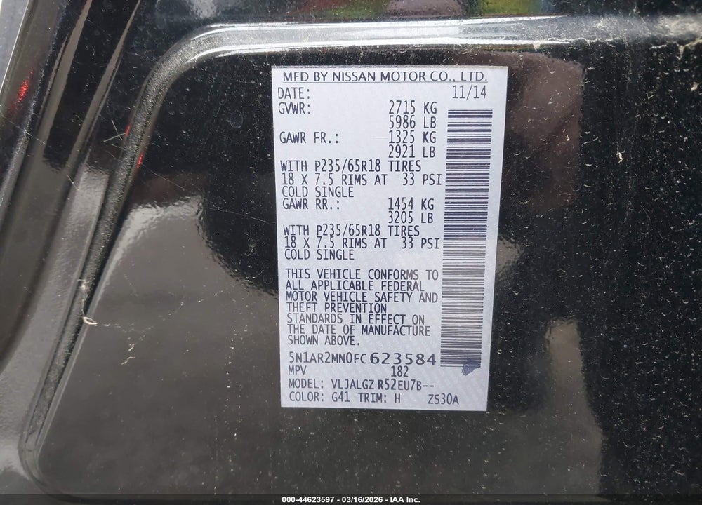 2015 NISSAN PATHFINDER SL VIN: 5N1AR2MN0FC623584