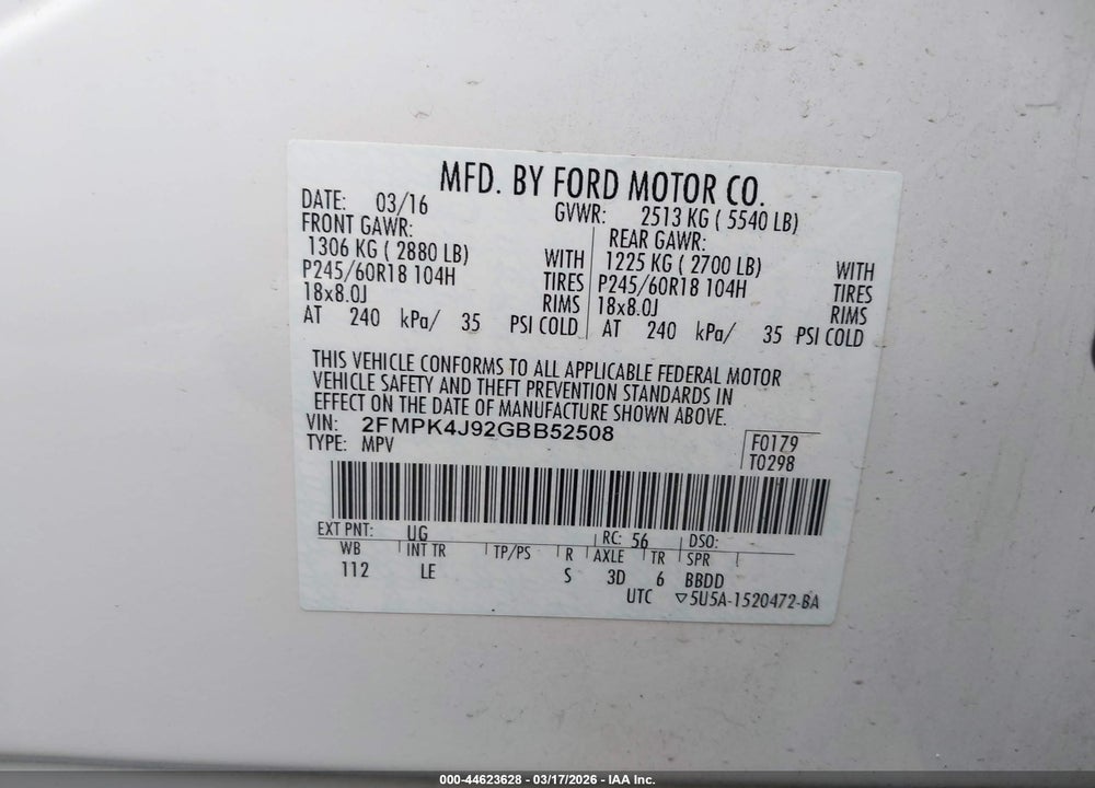 2016 FORD EDGE SEL VIN: 2FMPK4J92GBB52508