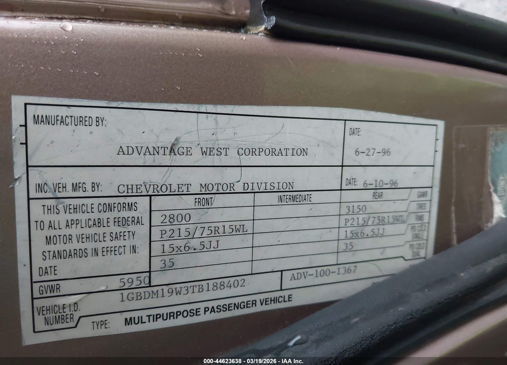 1996 CHEVROLET ASTRO VIN: 1GBDM19W3TB188402