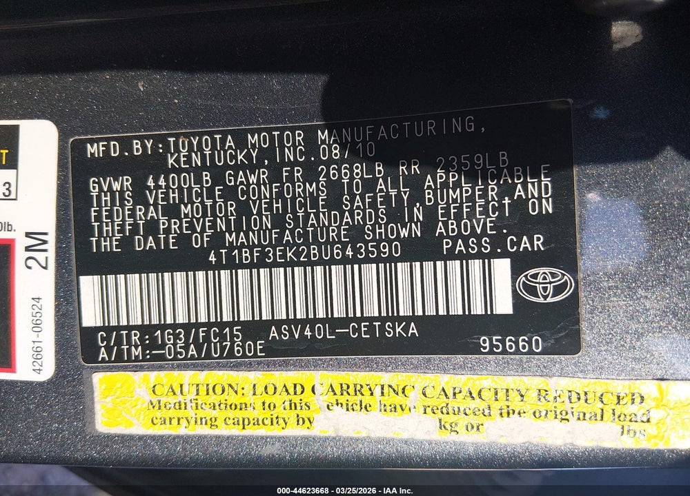 2011 TOYOTA CAMRY SE VIN: 4T1BF3EK2BU643590