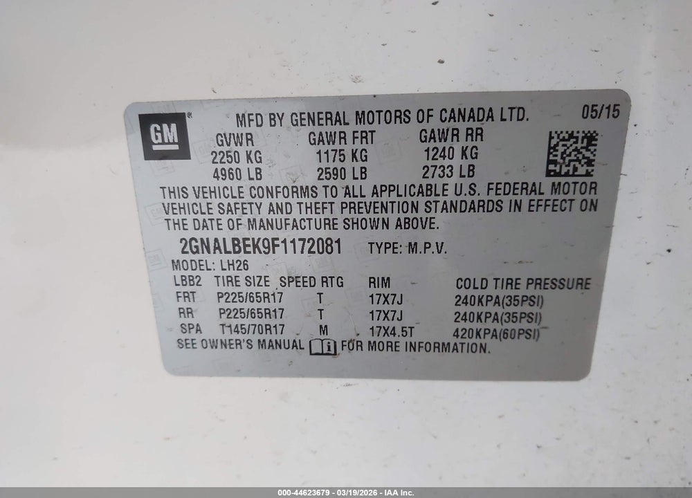 2015 CHEVROLET EQUINOX 1LT VIN: 2GNALBEK9F1172081