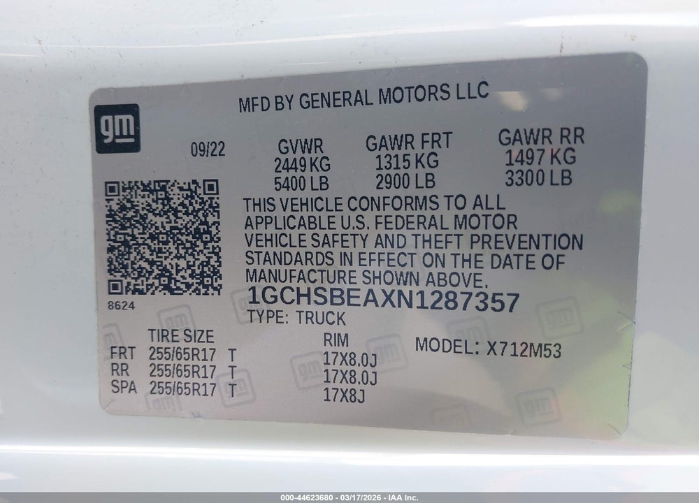 2022 CHEVROLET COLORADO 2WD  LONG BOX WT VIN: 1GCHSBEAXN1287357