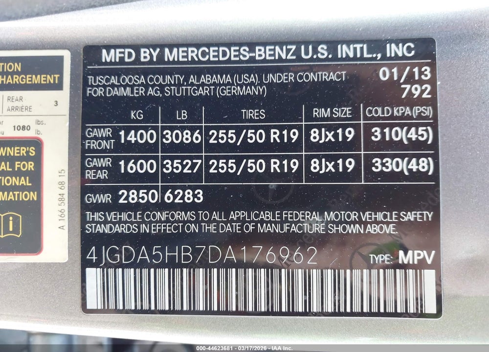 2013 MERCEDES-BENZ ML 350 4MATIC VIN: 4JGDA5HB7DA176962