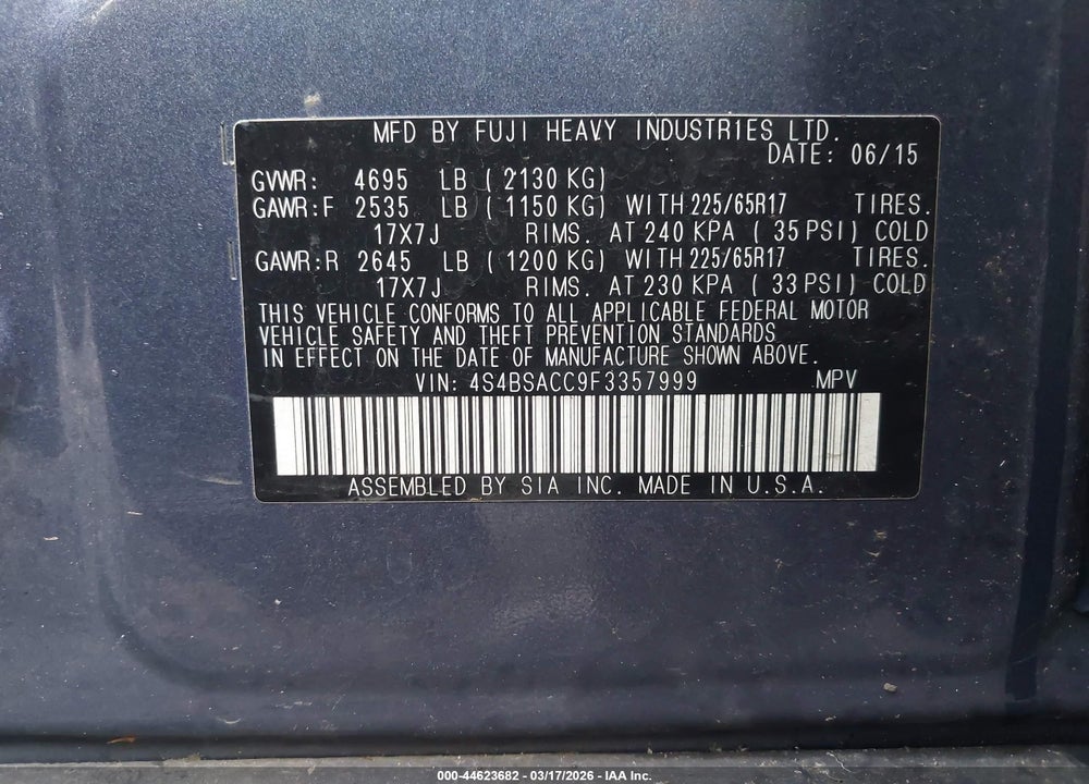2015 SUBARU OUTBACK 2.5I PREMIUM VIN: 4S4BSACC9F3357999