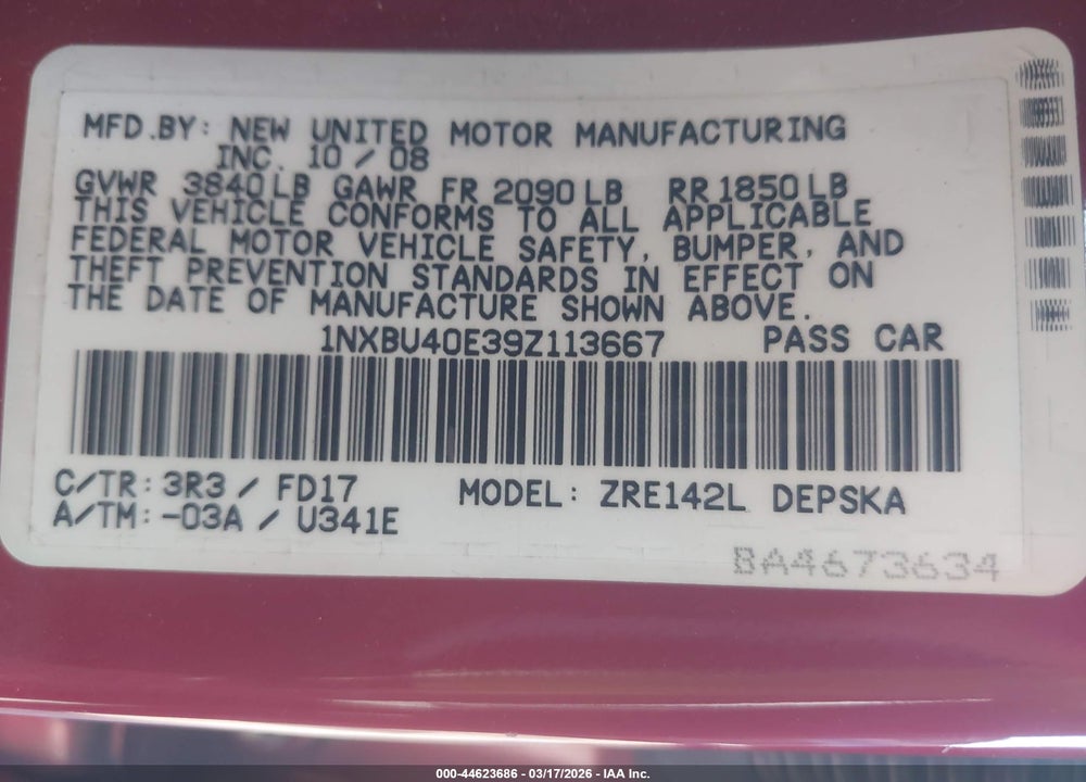 2009 TOYOTA COROLLA S VIN: 1NXBU40E39Z113667