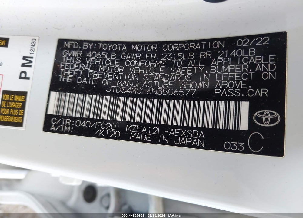 2022 TOYOTA COROLLA SE VIN: JTDS4MCE6N3506577