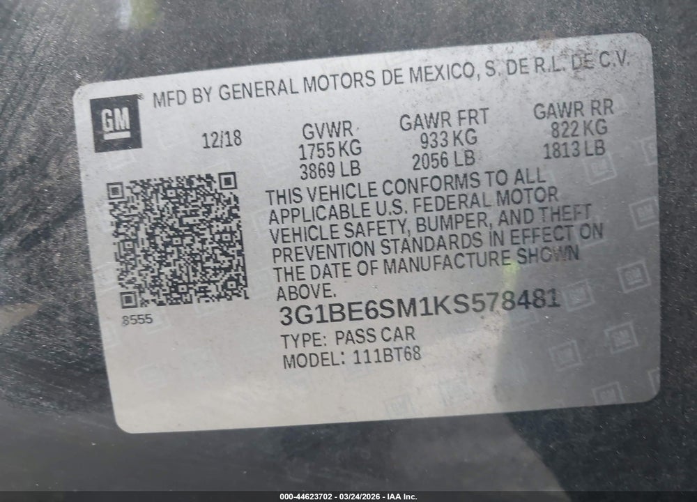 2019 CHEVROLET CRUZE LT VIN: 3G1BE6SM1KS578481