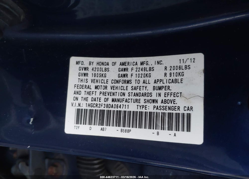 2013 HONDA ACCORD LX VIN: 1HGCR2F38DA064711