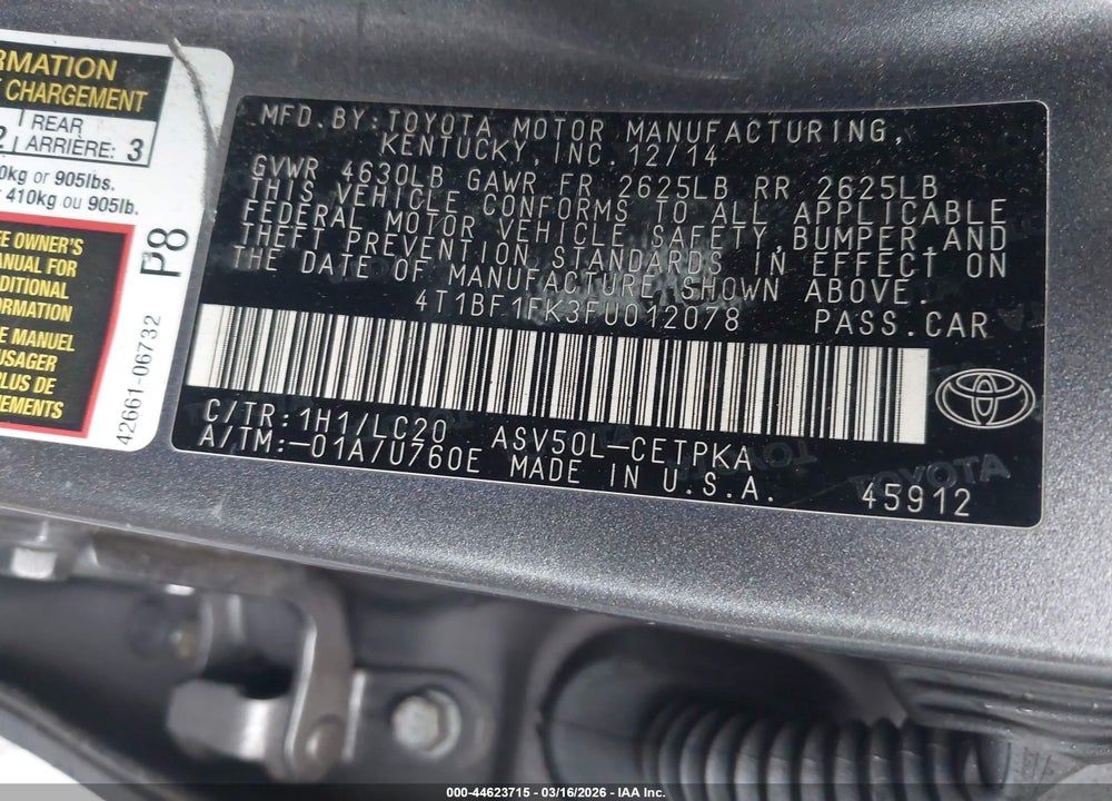 2015 TOYOTA CAMRY XSE VIN: 4T1BF1FK3FU012078