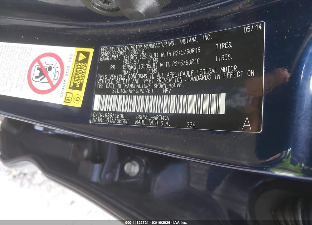 2014 TOYOTA HIGHLANDER XLE V6 VIN: 5TDJKRFH6ES053760