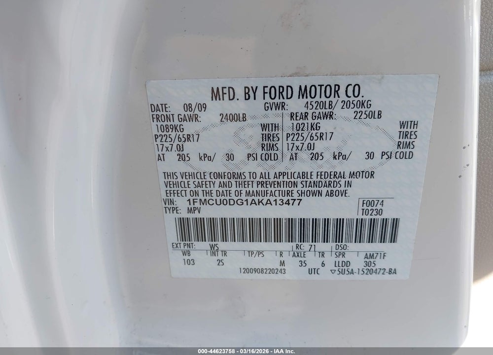 2010 FORD ESCAPE XLT VIN: 1FMCU0DG1AKA13477