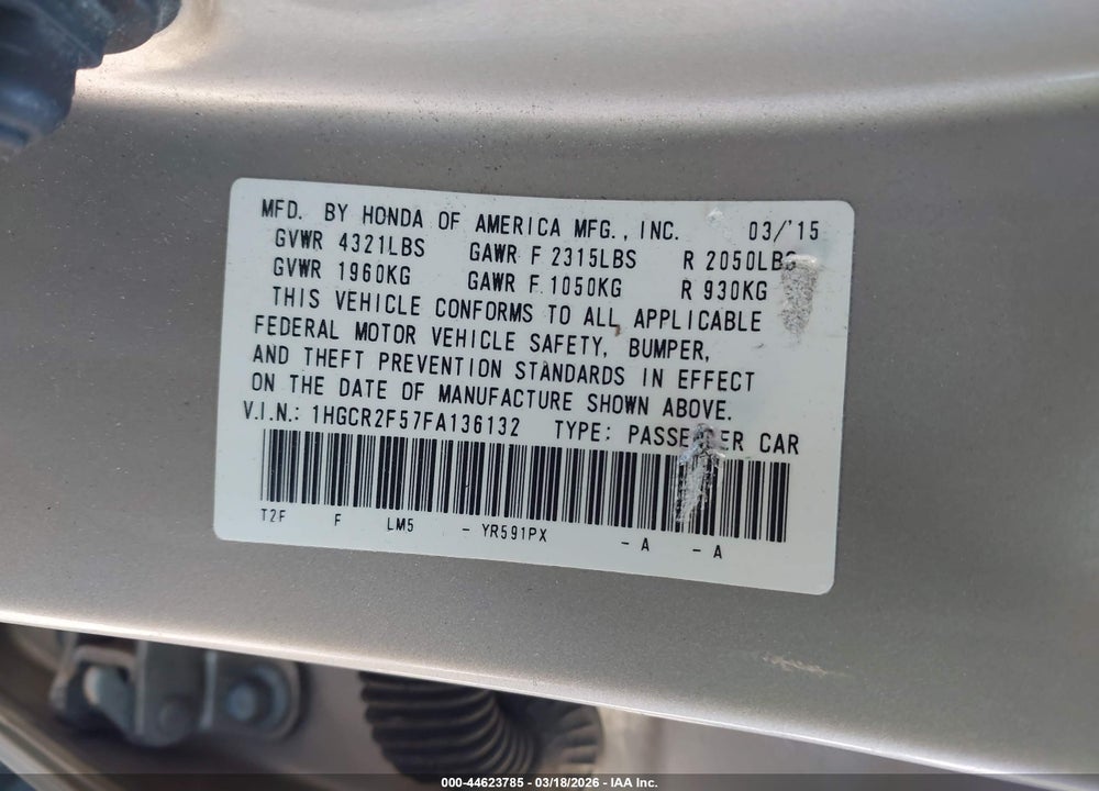 2015 HONDA ACCORD SPORT VIN: 1HGCR2F57FA136132